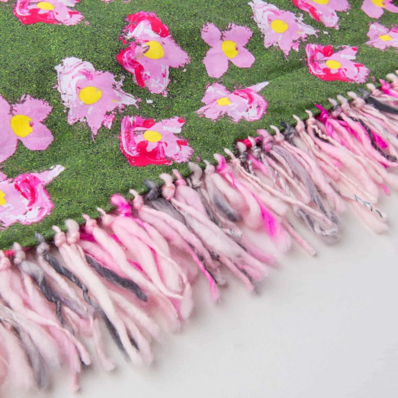 Luxury organic pink and green flower plush lined throw with hand knotted fringe detail