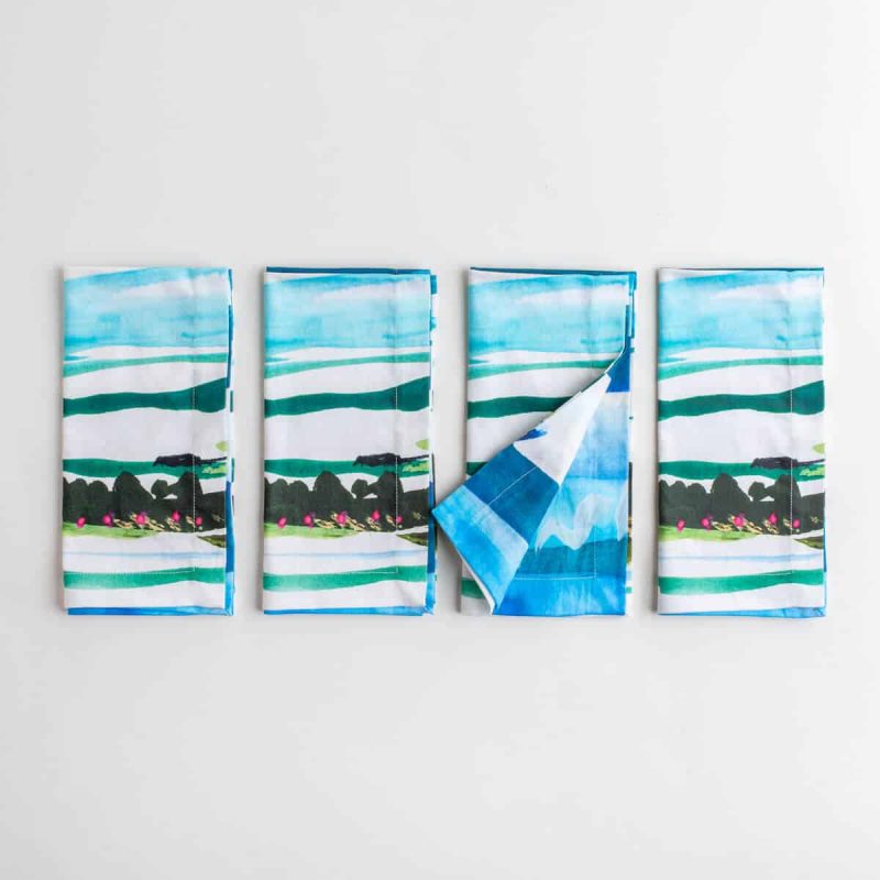 Luxury organic Maine watercolor painting four folded dinner napkins