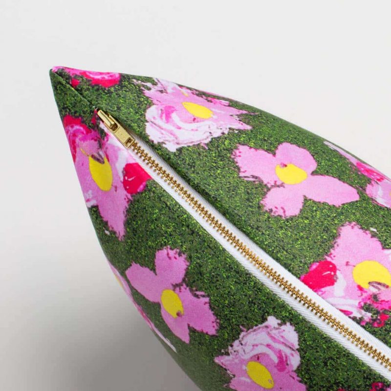 Luxury organic pink and green flower square pillow with brass zipper