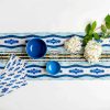 Luxury organic abstract watercolor stripe table runner with napkins, blue bowls and white hydrangeas