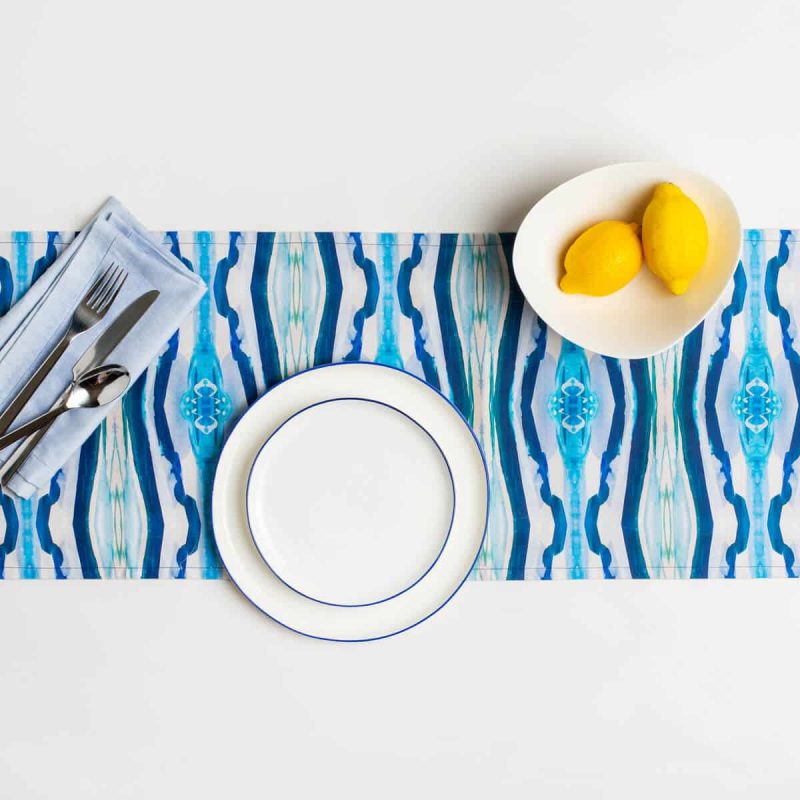 Luxury organic turquoise mirrored diamond table runner styled with white china and lemons