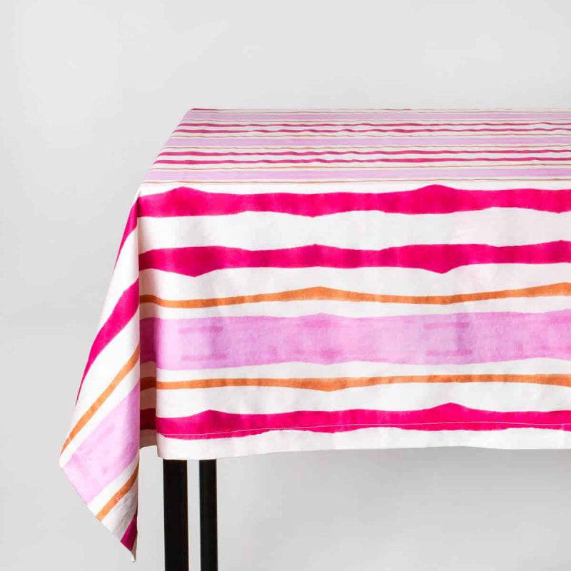 Luxury organic pink and orange mirrored watercolor stripe tablecloth on table