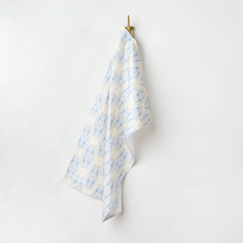 Luxury organic periwinkle blue diamond kitchen tea towel hanging