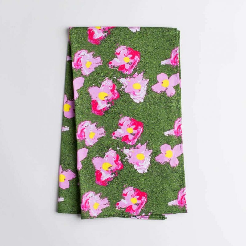Luxury organic pink and green flower kitchen tea towel folded