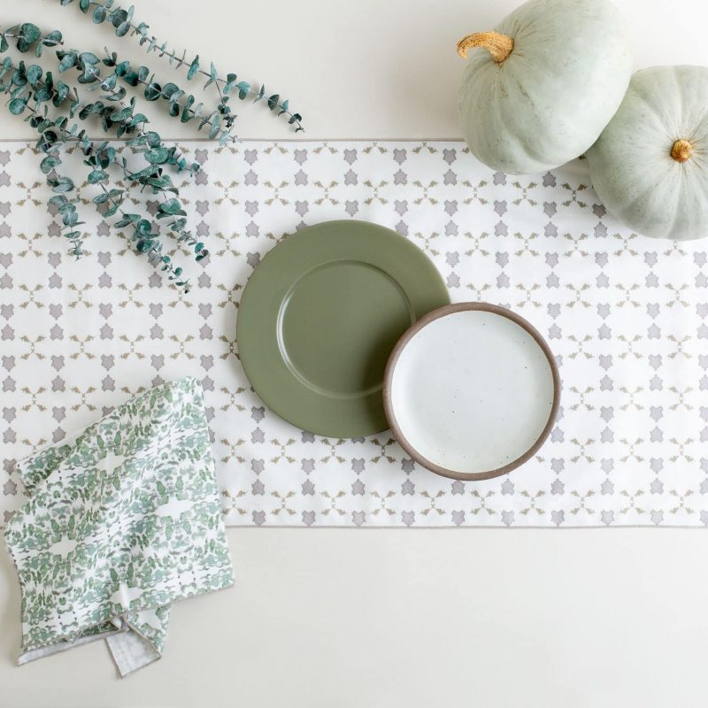 White gray and gold table runner with autumn place setting