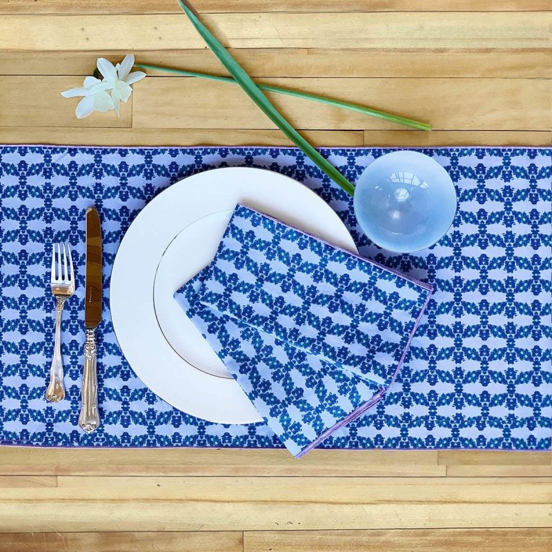 blue sustainable table runner and napkins