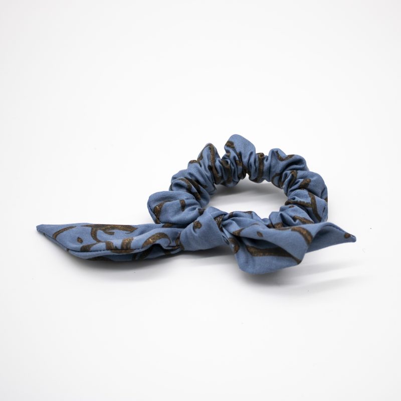 blue and brown pattern organic cotton scrunchies with tie