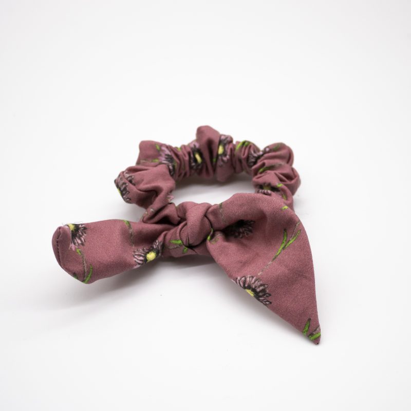 mauve floral pattern organic cotton scrunchies with tie