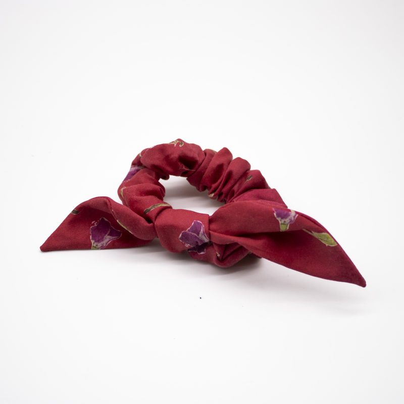 red and purple floral organic cotton scrunchies with tie