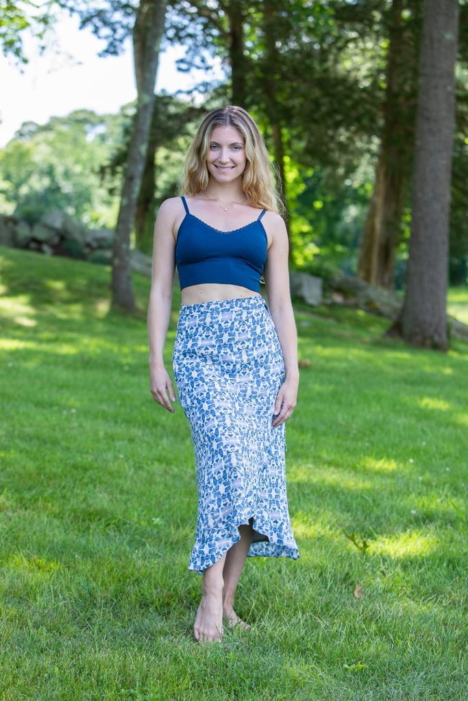 blue and white wrap skirt