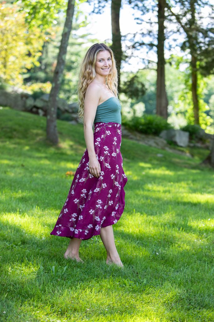 purple and white floral skirt