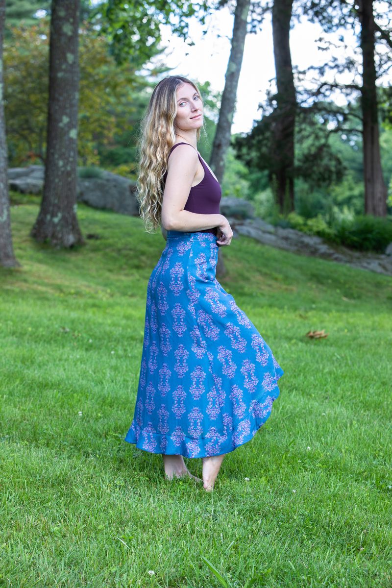 blue and pink pattern skirt