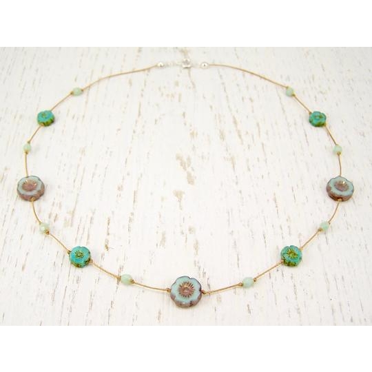 light blue and green pattern flower necklace