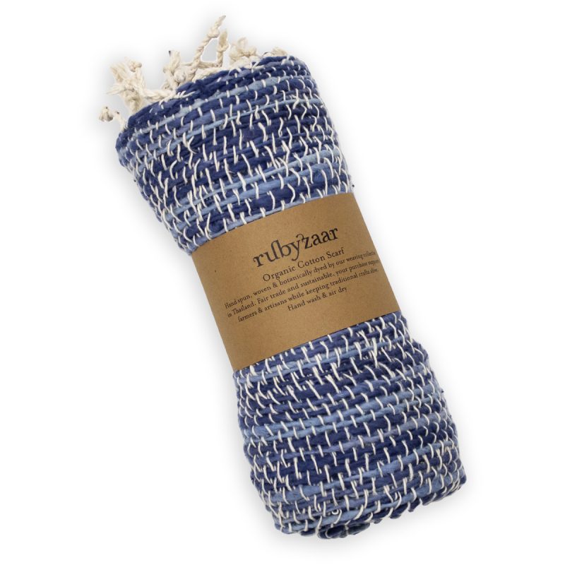 azure blue and white handwoven organic cotton scarf